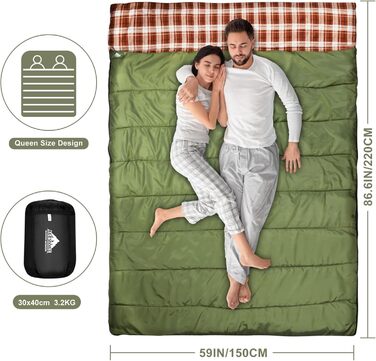 Cotton Flannel Double Sleeping Bag for Camping, Hiking - Queen Size 2 Person Waterproof Sleeping Bag for Adults & Teens - Lightweight (Green/Brown)