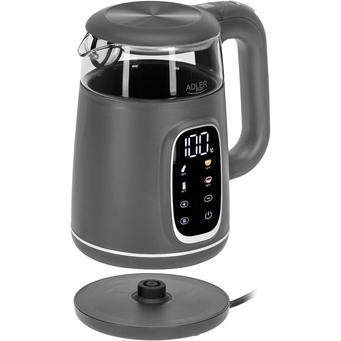 Електричний чайник Adler з регулюванням температури 2200W, 1.7L з LED-дисплеєм та сенсорною панеллю, 5 програм, функція підтримання тепла, фільтр, темно-сірий сріблястий колір