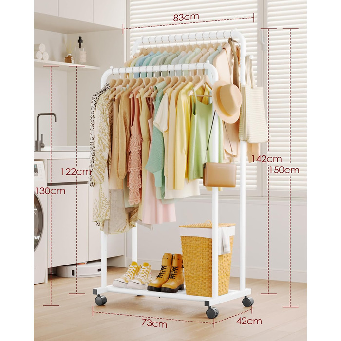 Підставка для одягу на колесах, з подвійною перекладиною, з полицею-сіткою та гачками, білий колір, 73 x 42 x 150 см