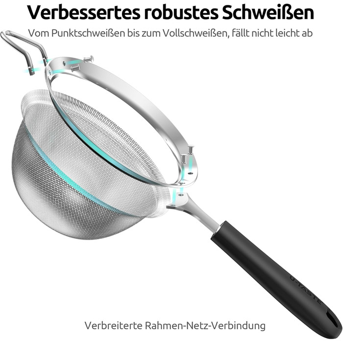 U-Taste Fine Mesh Sieve: Kitchen sieve made of 18/8 stainless steel, medium-sized metal sieve with a riveted, stable silicone handle for sifting flour, draining tea, rice, quinoa (Black, 12 cm)
