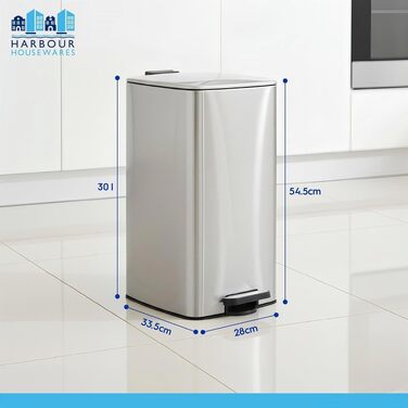 Сміттєвий відер з педаллю Harbour Housewares, 30 л, квадратний, нержавіюча сталь, білий, для кухні