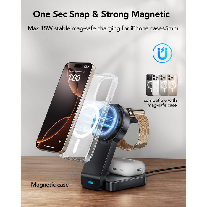Магнітна складана бездротова зарядка 3-в-1 для Apple iPhone, iWatch, AirPods (Чорний)
