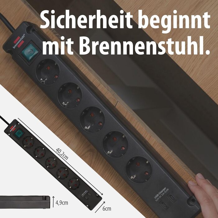 Смуга розеток Brennenstuhl Bremounta 5-fach з USB-C та вимикачем, чорна (для монтажу на стіну, 2x USB-C, 3м кабель)