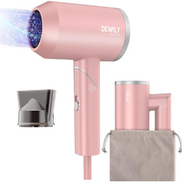 Фен іонний складний DEWILY Profi для подорожей, компактний, тихий, 3 режими нагріву, для сім'ї, сірий/рожевий (з насадкою)