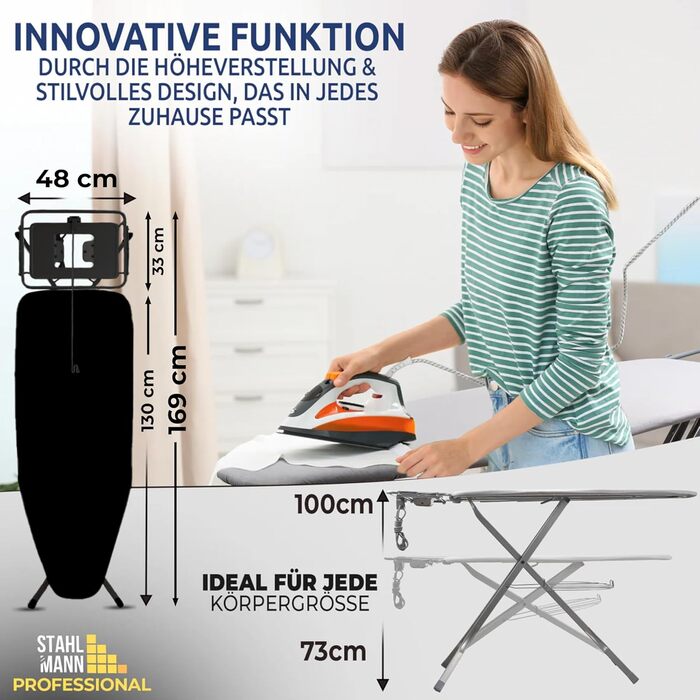 Сталеве прасувальне щит Stahlmann XXL з підставкою для рукавів, 130x48 см – стабільне прасувальне щит, чохол 100% бавовна, Made in EU