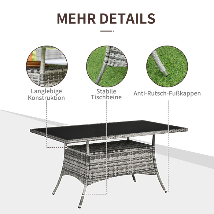 Столовий набір Outsunny з ротангу Polyrattan, скляний стіл 150x85x74 см із захисним склом сірого та чорного кольорів для саду, балкону, тераси