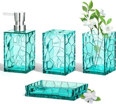 HBlife Bathroom Accessories Set, blue-green, Acrylic, Bathroom Countertop Set with Toothbrush Holder, Soap Dispenser, Cup, Soap Dish, turquoise, Boho, modern bathroom decor, ideal gift choice