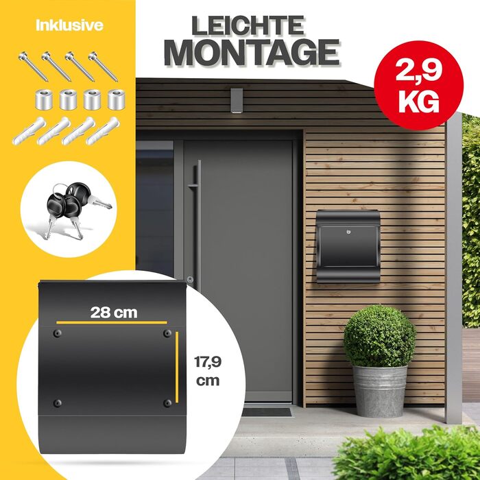 Поштовий ящик настінний KESSER XXL з нержавіючої сталі, з газетницею, замок з 3 ключами, чорний