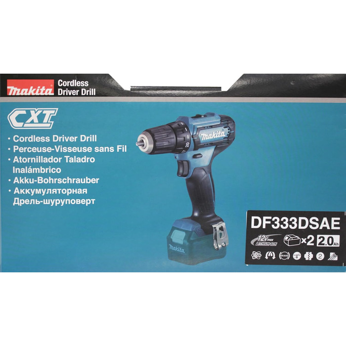 Акумуляторний дриль-шурупокрут Makita DF333DSAE 12V, 2.0Ah, 2 акумулятори + зарядний пристрій у транспортному кейсі, чорний/синій