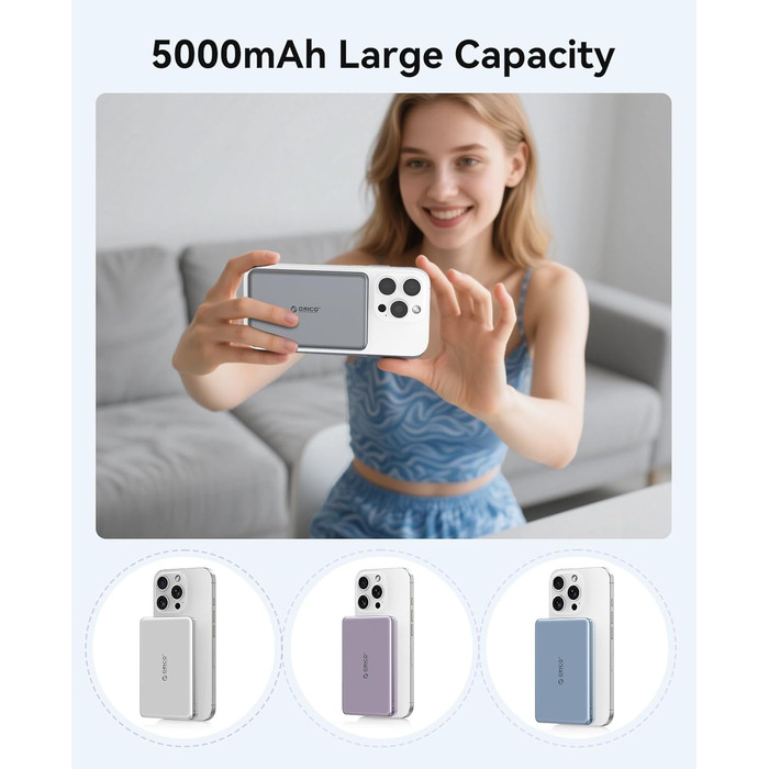Power Bank Orico Kada Magsafe 5000mAh з USB-C, Магнітний, 20W PD, для iPhone 16/15/14/13/12 (Сірий)