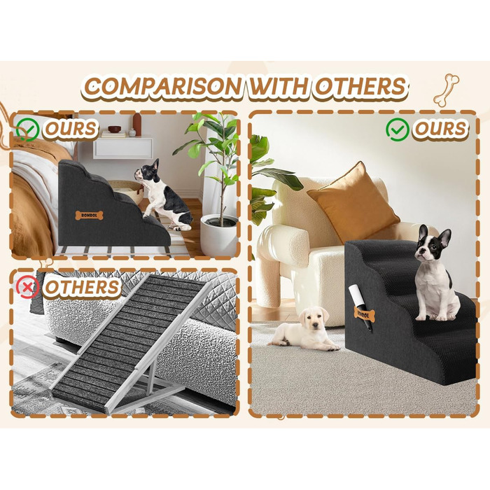 Сходинки для собак та котів ROMROL – 4 сходинки, чорного кольору, з неслизьким покриттям, Memory Foam, для захисту суглобів, легко миються