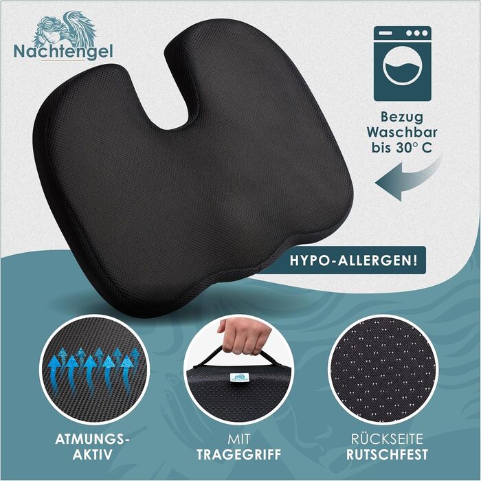 Ортопедична подушка для сидіння Nachtengel з Memory Foam (3 ступені жорсткості) для ергономічного комфорту, полегшення болю в куприку та зменшення болю – ідеально підходить для офісного крісла, автосидіння та ін. (1 шт, Medium (60-100 кг)) Чорний колір
