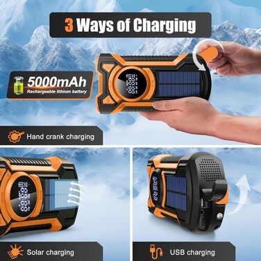 Радіо на сонячній батареї з ручкою, 5000mAh, Bluetooth, USB, FM/AM, SOS-сигнал, ліхтарик, IPX5, для кемпінгу та надзвичайних ситуацій