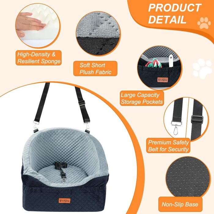 Elevated Dog Car Seat - Small & Medium Dogs (Up to 13.6KG) - Washable, Travel Bed with Storage & Safety Belt (Black & Grey)