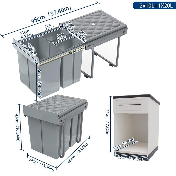 Вбудований контейнер для сміття HENGMEI з висувними ящиками для сортування, сірий (1x20L + 2x10L)