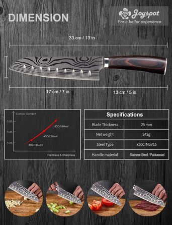 Японський ніж Joyspot Santoku 7 дюймів, професійний ніж для кухні, з нержавіючої сталі, гостра леза, ергономічна ручка