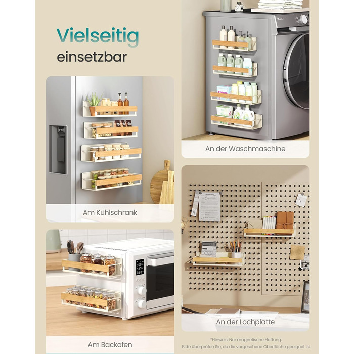 Магнітна полиця для спецій SONGMICS, 4 шт., 2 великі та 2 малі, без свердління, для кухні, холодильника, мікрохвильової печі, пральної машини, KCS061B01 (кремово-білий + натуральний бежевий, сталь + бамбук)