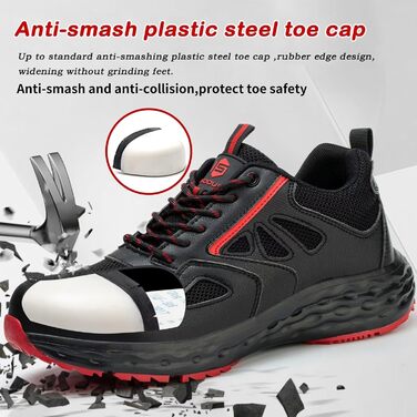 Черевики робочі ISOOUS для чоловіків та жінок. Безпекові черевики, легкі, з пластиковим носком, дихаючі, антиковзкі, модель снікерс, для кухні, спортивні, 48 EU, чорно-червоні