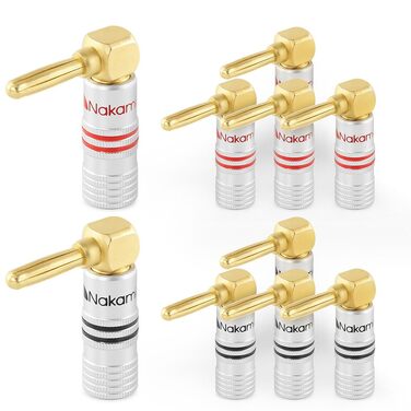Позолочені бананові роз'єми Nakamichi 24K для акустичних кабелів 12-18 AWG, кутові конектори для підсилювача, Hi-Fi стерео та домашнього кінотеатру, 10 шт (5 пар)