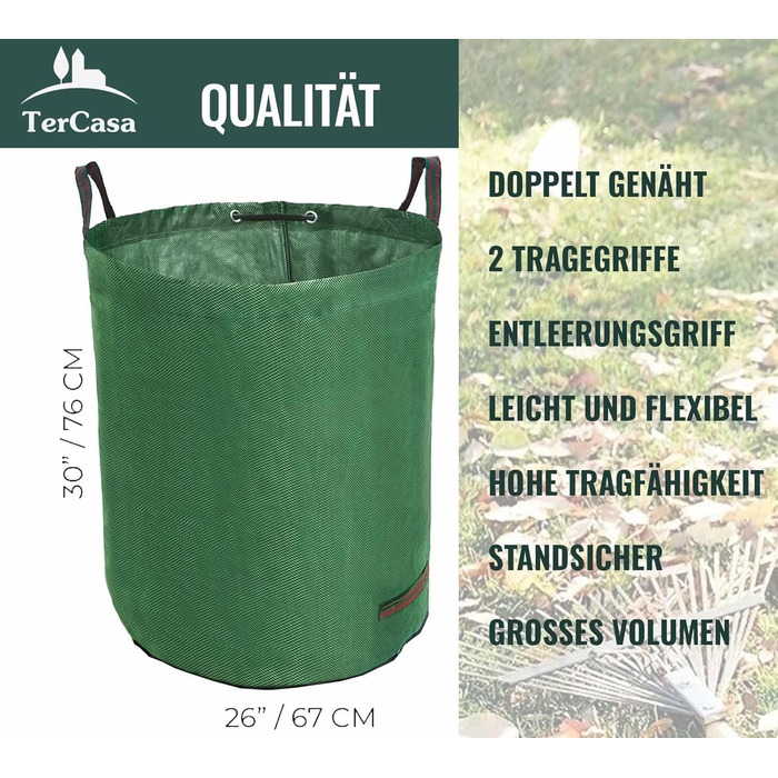 TerCasa Garden Sack 4-Pack, Waste Sack 272 L, Garden Waste Sack Height 76 cm, Ø 67 cm, Sack for garden waste made of tear-resistant polypropylene fabric, with reinforcing ring and 4 handles, green