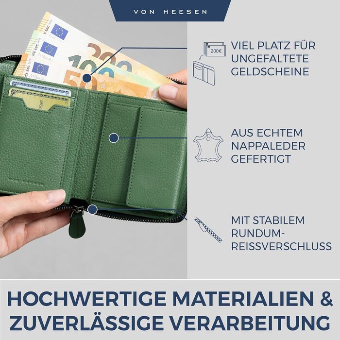 VON HEESEN гаманець з натуральної шкіри з RFID-захистом, зелений, для чоловіків і жінок, з монетницею