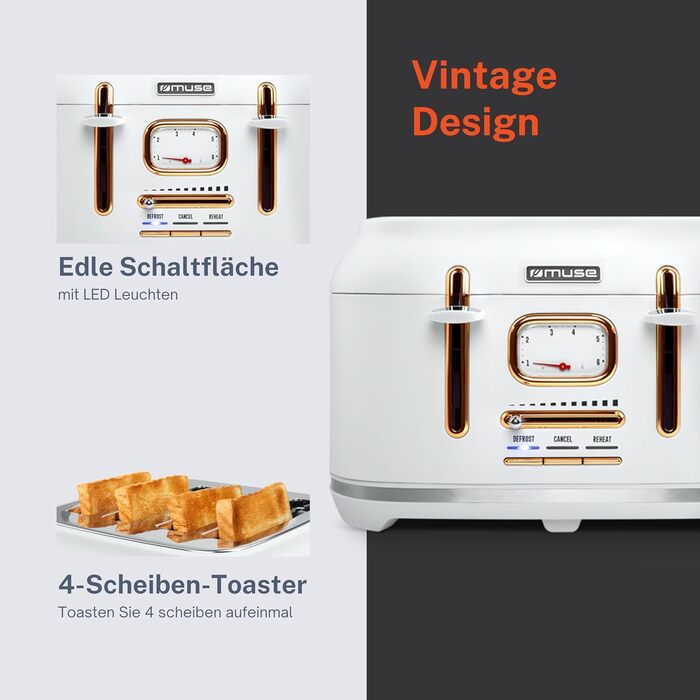 Тостер Muse MS-131 BC з нержавіючої сталі, 4-х місний, ретро дизайн, 6 рівнів підсмажування, з підсвічуванням, з лотком для крихт (білий)