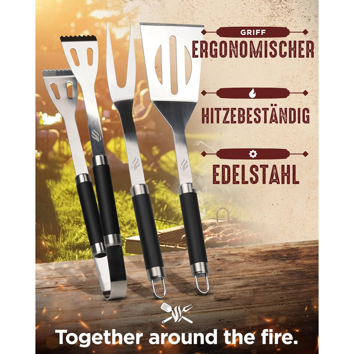 HORUS 23 Набір аксесуарів для гриля – 4 предметний набір: щипці, лопатка, виделка та термостійкий рукавичка