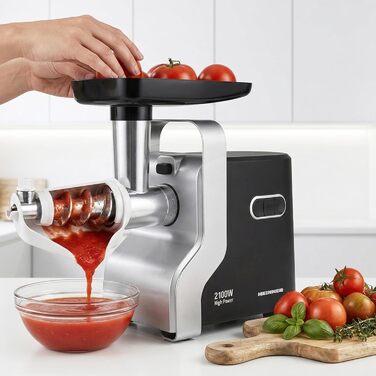 М'ясорубка електрична MG-2100BKSL 2100 Вт, нержавіюча сталь, чорно-срібна - 1.8 кг/хв, насадки для ковбас та томатів, реверс