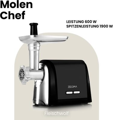 ZEEGMA Electric Meat Grinder - 1900W, Stainless Steel Plates, 3kg/min, Sausage Maker, Kubbe, Chopping, Dicing, REV Function, Accessory Kit