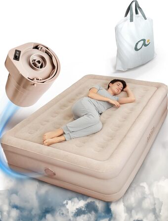 Надувне ліжко Aerios для 2 осіб з вбудованим USB-C насосом | Преміум гостьове ліжко без кабелю живлення | Надувне ліжко - виберіть розмір! Бежевий двоспальний