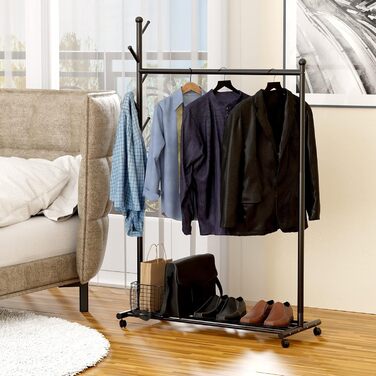 Clothes Rack Garment Rack Portable - Rolling Clothes Rack with Bottom Shelf (Black)