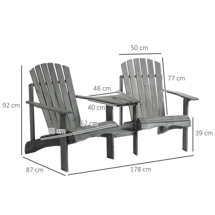 Крісло Adirondack Outsunny на 2 місця з журнальним столиком та отвором для парасольки, садовий комплект крісел, садові меблі для балкону з масивного дерева сірого кольору, розмір 178 x 87 x 92 см