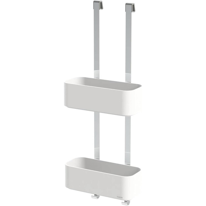 Tiger 2-Tier Shower Caddy, Shower Shelf without Drilling, for Hanging on the Shower Wall, Shower Shelf with Storage for Shower Gel & Co., with Integrated Hook, Stainless Steel, Plastic, Color: White