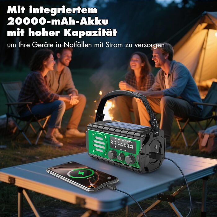 Сонячне радіо 20000mAh з ручним генератором, AM/FM, LED ліхтарик, SOS-сигнал, IPX6, для кемпінгу та подорожей (зелене)
