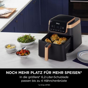 Ninja Air Fryer MAX PRO, 6.2 L, Oil-Free, Large Drawer, Roasting, Baking, Air Fry, Non-Stick Coated, Dishwasher-Safe Basket & Crisper Grate Insert, Silicone Tongs, Black/Copper, AF180EUCP Single 6.2L Copper/Black