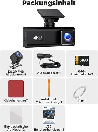 Відеореєстратор Topabol Dashcam Auto 4K + 1080P з Wi-Fi, двома камерами, нічним баченням, G-сенсором та підтримкою карт пам'яті до 256GB