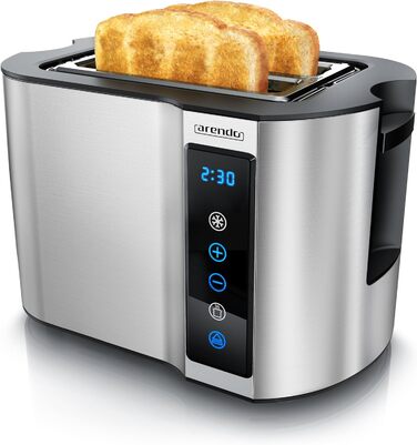 Arendo - 2-Slice Stainless Steel Toaster - Touch Panel - Digital Display with Remaining Time - 800 W – Double-Walled Housing – with Bagel Attachment – 7 Browning Levels – Bread Slice Centering - Silver B: Silver