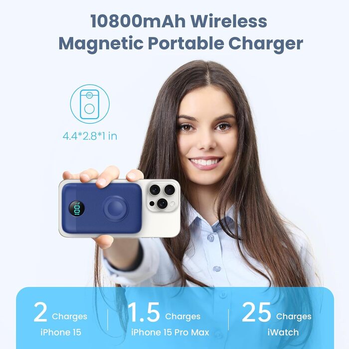 Power Bank магнітний 10800mAh з підтримкою MagSafe, 4-в-1, з зарядкою для Apple Watch, QC4.0+PD 22.5W USB-C, LED-дисплей, сумісний з iPhone 15/14/13/12 Series (Блакитний)