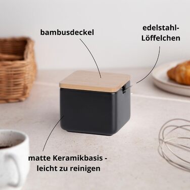 Керамічна цукерниця з ложкою та кришкою з бамбука - цукерниця для дому та кухні, сучасна куляста форма, для цукру, сиру, спецій, 10 x 10 x 9 см (Біла Кругла) (Чорна)