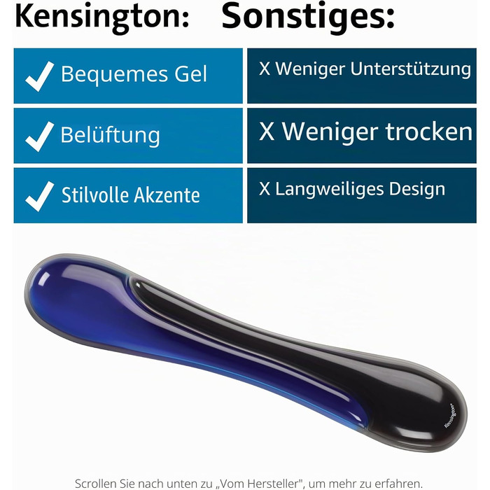 Ергономічна підставка під зап'ястя для клавіатури Kensington Duo Gel, протиковзаюча гелева основа, 94 x 483 мм, синій/чорний (62397)