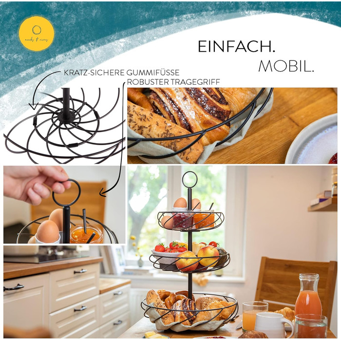 Стійка для фруктів Marks & Rivers 3 яруси XL | Металева фруктова стійка з 3 ярусами чорного кольору для елегантного зберігання у кухні та вітальні