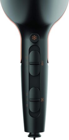 Фен GRUNDIG Naturashine HD 7081 з іонізацією, керамічним захистом, Cool Touch насадкою, 2100 Вт, 3 температурні та 2 режими повітряного потоку, холодна функція, знімний кабель, чорний / рожеве золото