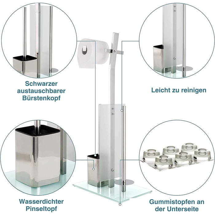 Набір для ванної кімнати з тримачем для туалетного паперу – Хромований, без свердління, з нержавіючої сталі, скляний підстав, 32x20x70 см, проста установка, 1 та 2 щітки, срібний