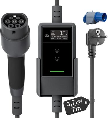 Кабель для зарядки електромобіля Type 2 Schuko 3,7kW, 7м, 6-16A, 1-фазний, з LCD дисплеєм, чорний