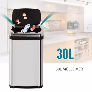 HOMCOM Automatic Sensor Trash Can 30L with IR Sensor, Square, Stainless Steel, Optional Inner Bucket for Hygienic Waste Management