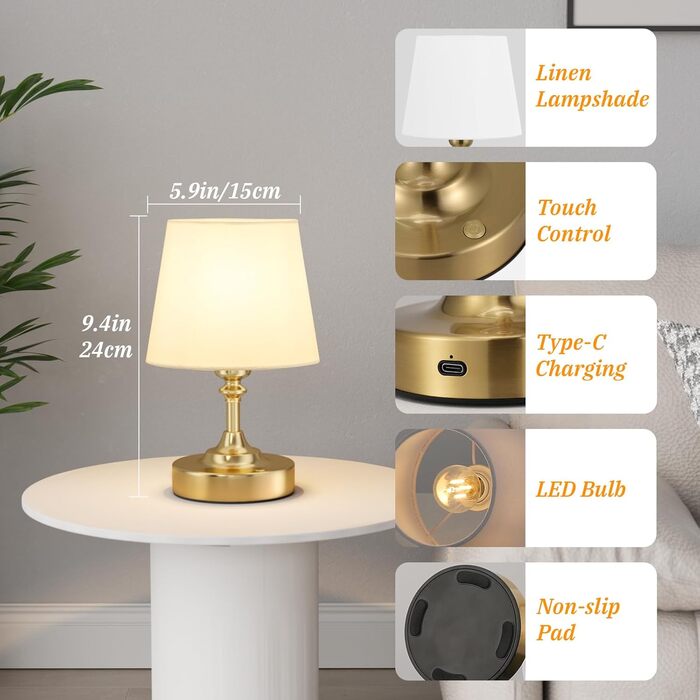 LED настільна лампа бездротова з торшером з льону, сенсорне керування, регулювання яскравості, USB-C, для спальні, вітальні, кухні, 40см, мідь
