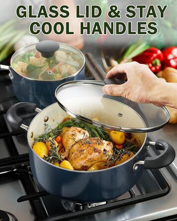 Набір посуду Cook N Home 10 предметів: каструлі та сковороди з антипригарним покриттям, кераміка, блакитний