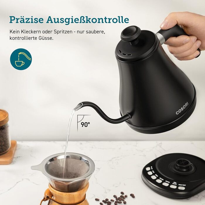 1.7 Liter Glass Kettle, Blue LED, BPA-free, 2200 Watt, 5-minute boiling time, overheat protection, 360° swivel base, Borosilicate glass kettle with stainless steel base and filter (Cosori Swan-neck Kettle)