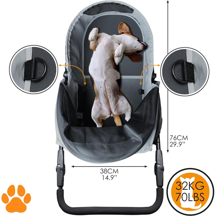 COOPER Складаний переносний візок для собак до 32 кг | Візок для тварин з регульованою висотою та кошиком для покупок | М'які ручки Soft Touch та світловідбиваючий дизайн | Ідеальний для транспортування домашніх тварин – Сірий