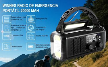 Радіостанція на сонячній батареї з живленням від ручки, 20000 mAh, SOS-сигнал, FM/AM, ліхтарик, компас, для кемпінгу та надзвичайних ситуацій (Чорний)